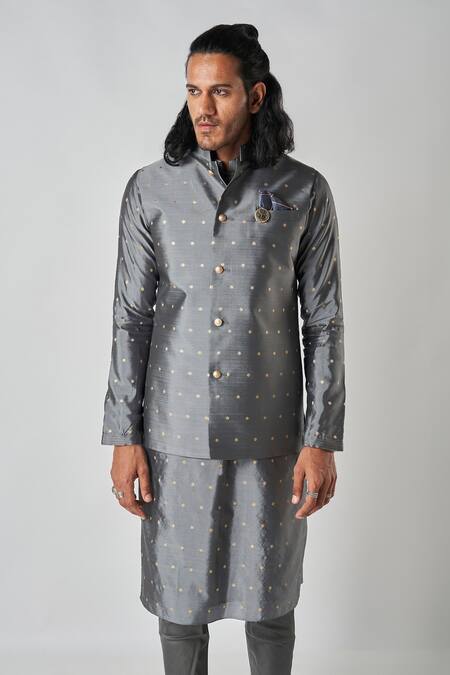 Buy_Bubber Blu_Gray Polyester Embroidery Butti Woven Grey Bundi _Online_at_Aza_Fashions