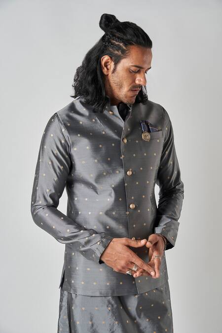 Shop_Bubber Blu_Gray Polyester Embroidery Butti Woven Grey Bundi _Online_at_Aza_Fashions