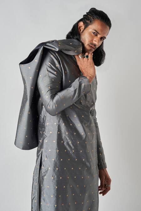 Bubber Blu_Gray Polyester Embroidery Butti Woven Grey Bundi _at_Aza_Fashions