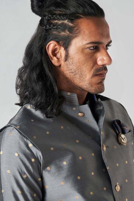 Buy_Bubber Blu_Gray Polyester Embroidery Butti Woven Grey Bundi 