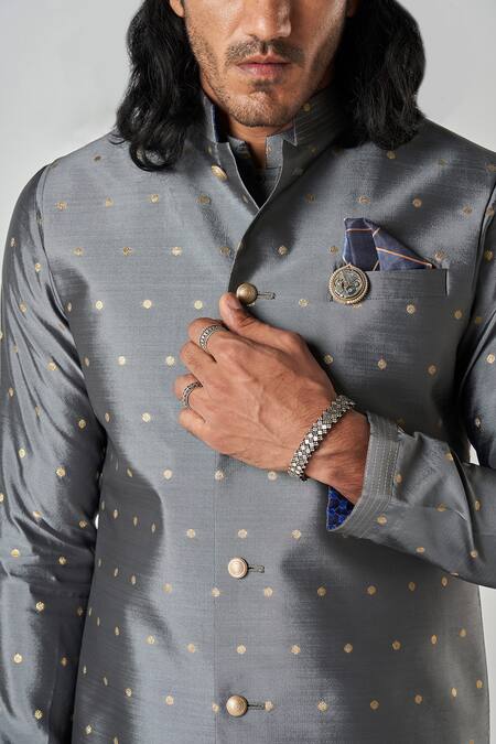 Shop_Bubber Blu_Gray Polyester Embroidery Butti Woven Grey Bundi 