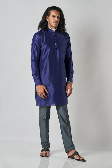 Bubber Blu_Blue Polyester Solid Full Sleeves Kurta _Online_at_Aza_Fashions