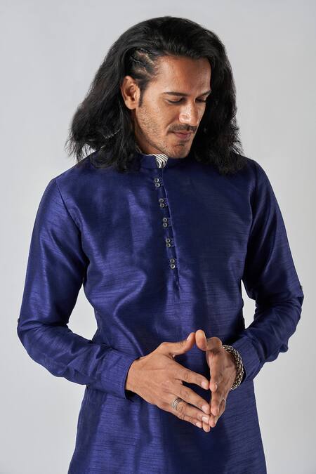 Buy_Bubber Blu_Blue Polyester Solid Full Sleeves Kurta _Online_at_Aza_Fashions