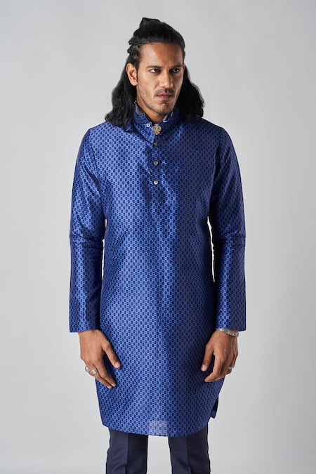 Buy_Bubber Blu_Blue Polyester Embroidery Sphere Loop Print Kurta _Online_at_Aza_Fashions
