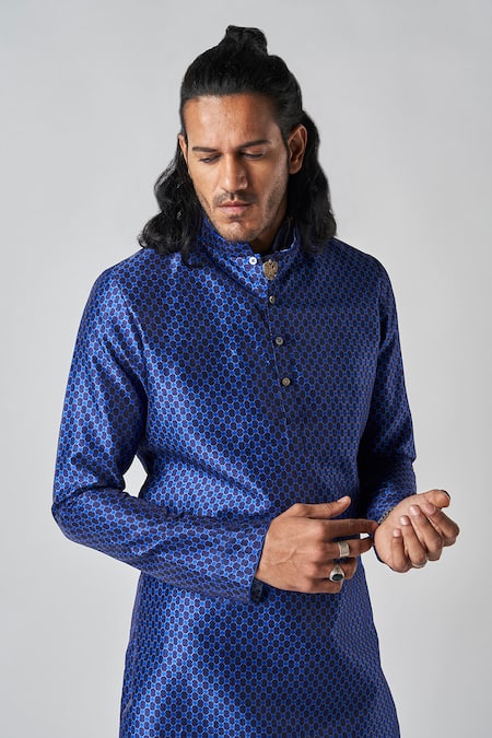 Shop_Bubber Blu_Blue Polyester Embroidery Sphere Loop Print Kurta _Online_at_Aza_Fashions