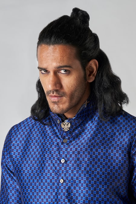 Bubber Blu_Blue Polyester Embroidery Sphere Loop Print Kurta _at_Aza_Fashions