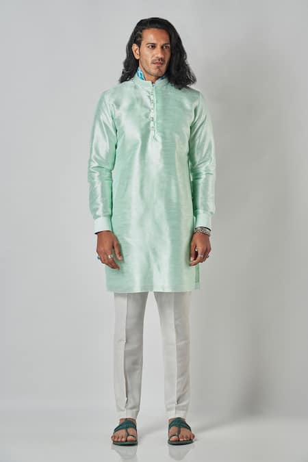 Bubber Blu_Green Polyester Plain Double Button Placket Kurta _Online_at_Aza_Fashions