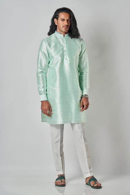 Buy_Bubber Blu_Green Polyester Plain Double Button Placket Kurta _Online_at_Aza_Fashions
