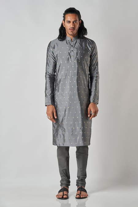 Bubber Blu_Grey Polyester Embroidery Butti Woven Straight Kurta _Online_at_Aza_Fashions