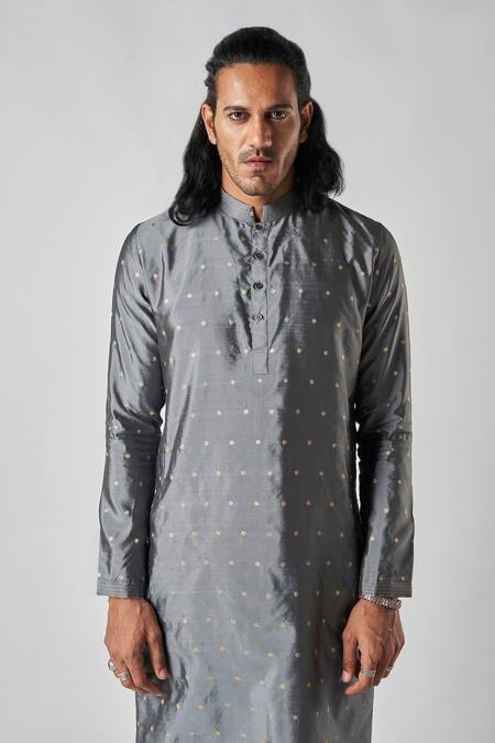 Buy_Bubber Blu_Grey Polyester Embroidery Butti Woven Straight Kurta _Online_at_Aza_Fashions