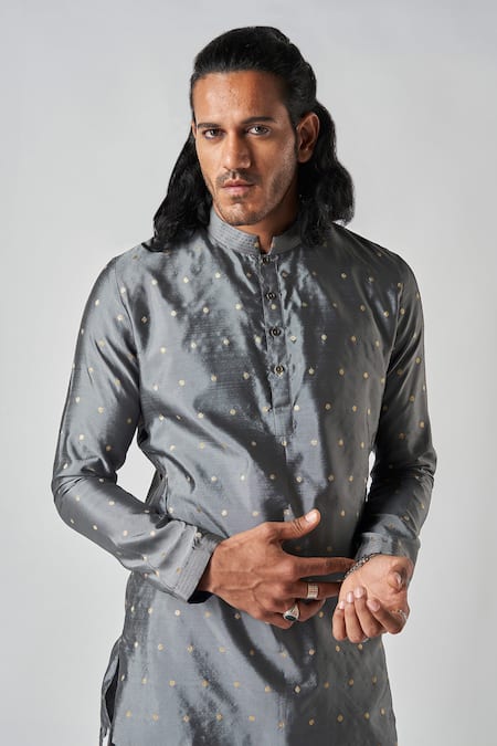 Shop_Bubber Blu_Grey Polyester Embroidery Butti Woven Straight Kurta _Online_at_Aza_Fashions