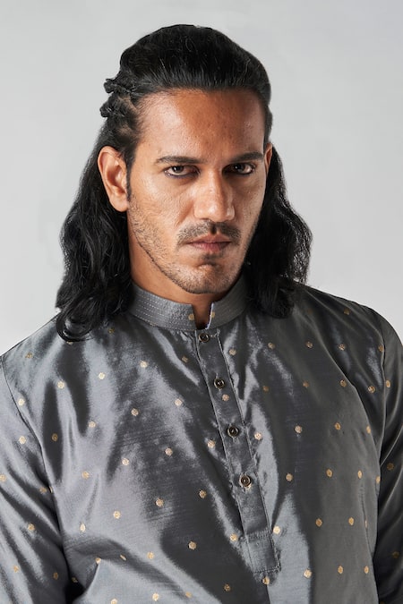 Bubber Blu_Grey Polyester Embroidery Butti Woven Straight Kurta _at_Aza_Fashions