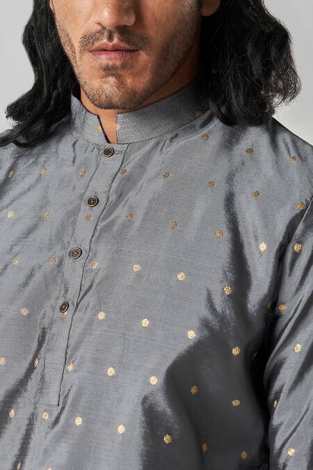 Shop_Bubber Blu_Grey Polyester Embroidery Butti Woven Straight Kurta 