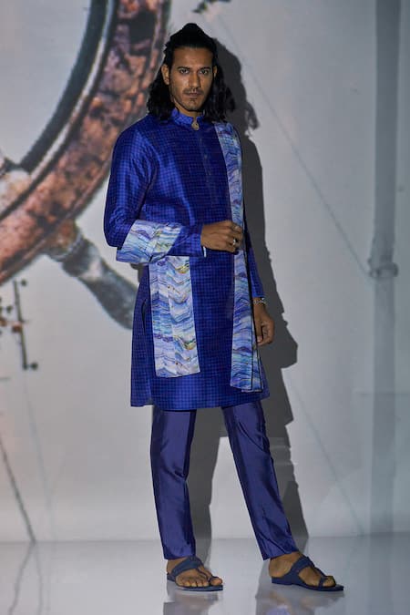 Shop_Bubber Blu_Blue Polyester Geometric Flora Print Kurta 