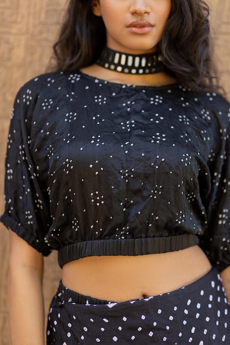 Dyelogue_Black Gingham Embroidery Round Neck Dot Blossom Crop Top _Online_at_Aza_Fashions