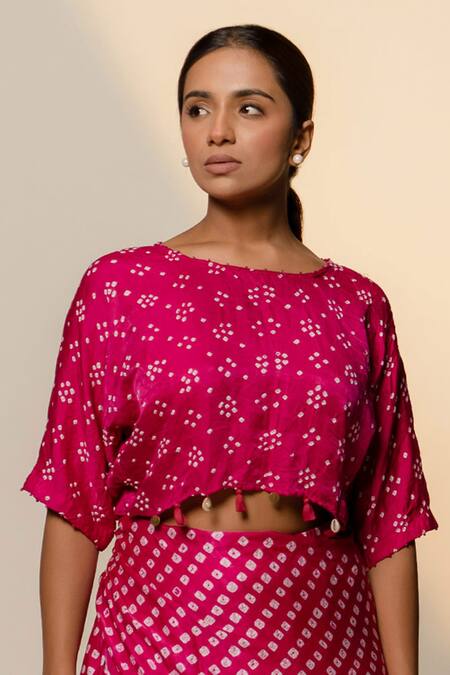 Dyelogue Pink Gabardine Tassels Round Neck Dot Florin Embroidered Crop Top Online at Aza Fashions Dyelogue_Pink Gabardine Tassels Round Neck Dot Florin Embroidered Crop Top _Online_at_Aza_Fashions