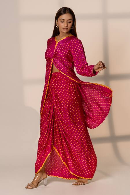 Dyelogue Pink Silk, Gingham V-neck Bandhani Front Slit Tunic With Draped Skirt Online at Aza Fashions Dyelogue_Pink Silk, Gingham V-neck Bandhani Front Slit Tunic With Draped Skirt _Online_at_Aza_Fashions