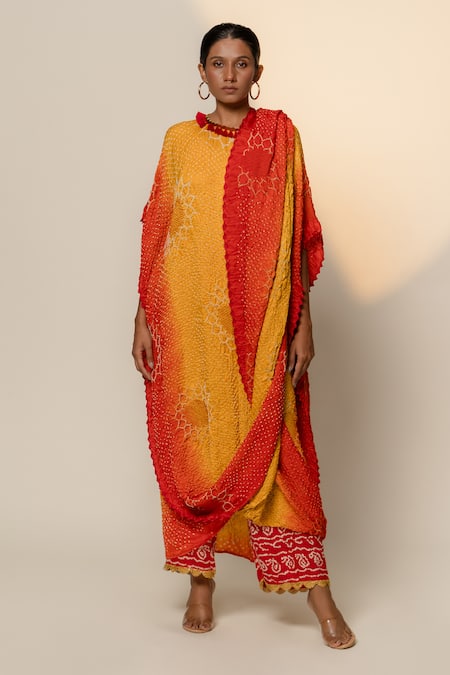 Dyelogue Orange Gingham Tassels Boat Neck Crumpled Ombre Cowl Draped Dress