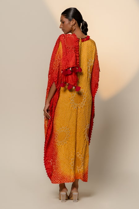 Shop Dyelogue Orange Gingham Tassels Boat Neck Crumpled Ombre Cowl Draped Dress at Aza Fashions Shop_Dyelogue_Orange Gingham Tassels Boat Neck Crumpled Ombre Cowl Draped Dress _at_Aza_Fashions