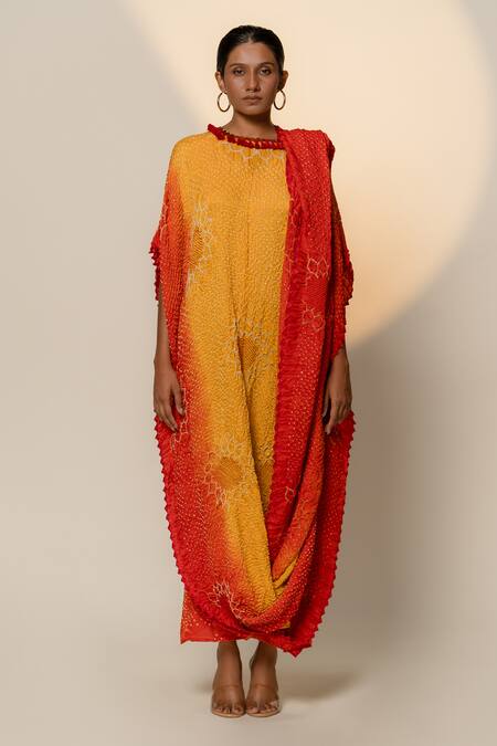 Dyelogue Orange Gingham Tassels Boat Neck Crumpled Ombre Cowl Draped Dress Online at Aza Fashions Dyelogue_Orange Gingham Tassels Boat Neck Crumpled Ombre Cowl Draped Dress _Online_at_Aza_Fashions