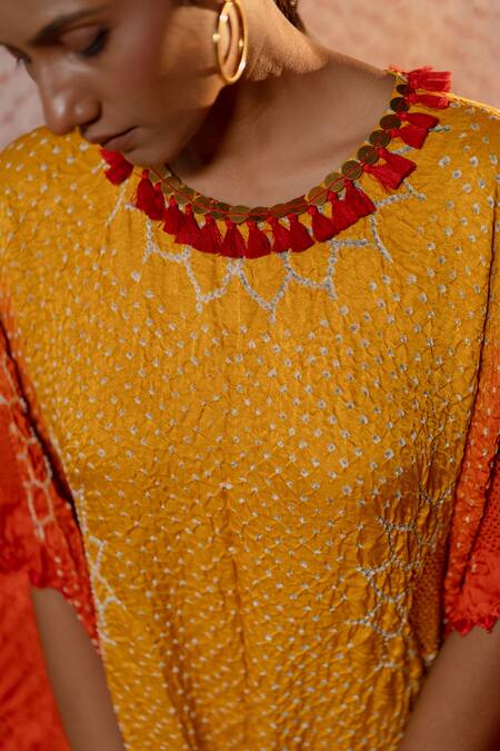 Shop Dyelogue Orange Gingham Tassels Boat Neck Crumpled Ombre Cowl Draped Dress Online at Aza Fashions Shop_Dyelogue_Orange Gingham Tassels Boat Neck Crumpled Ombre Cowl Draped Dress _Online_at_Aza_Fashions