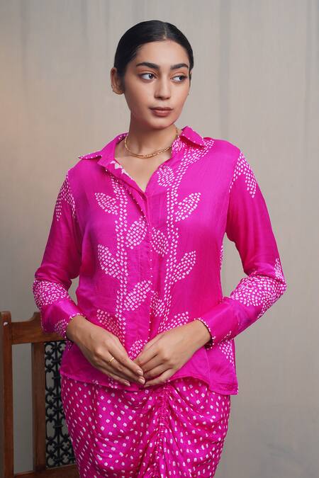 Buy_Dyelogue_Pink Gabardine, Silk Embroidery Hanoi Bandhani Shirt With Pull String Skirt _Online_at_Aza_Fashions
