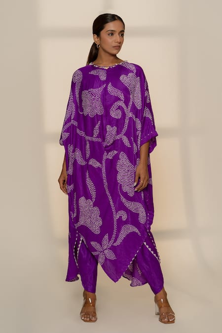 Dyelogue Purple Gingham, Silk Round Neck Ikebana Bandhani Tulip Kurta With Dhoti Pant