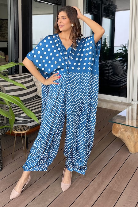 Buy_Dyelogue_Blue Modal, Silk Embroidery V-neck Quad Bandhani Motif Front Knot Jumpsuit _Online_at_Aza_Fashions