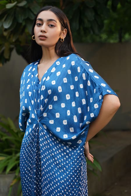 Shop_Dyelogue_Blue Modal, Silk Embroidery V-neck Quad Bandhani Motif Front Knot Jumpsuit _Online_at_Aza_Fashions