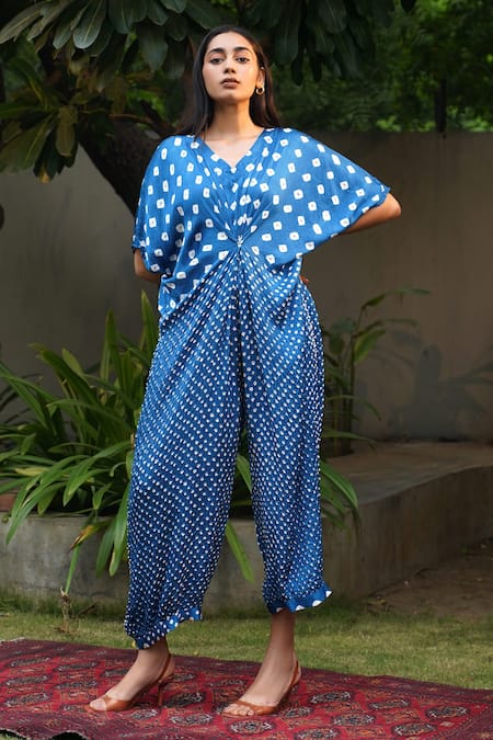 Dyelogue_Blue Modal, Silk Embroidery V-neck Quad Bandhani Motif Front Knot Jumpsuit _at_Aza_Fashions
