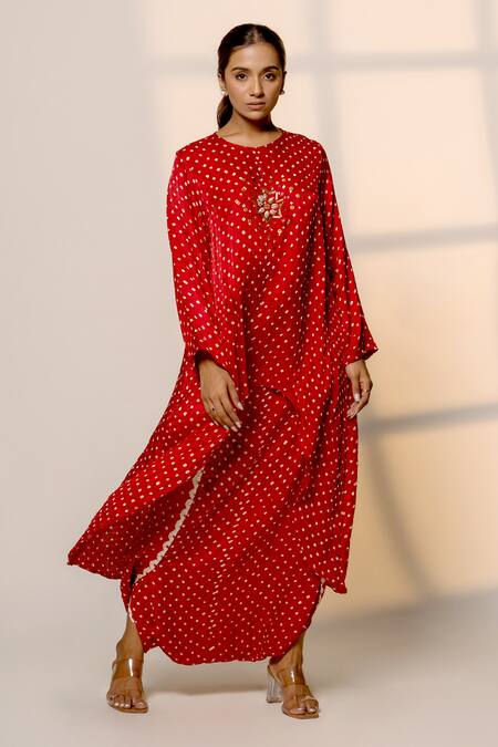 Dyelogue_Red Gingham, Silk Round Neck Bandhani Motif Kurta With Overlapped Dhoti Skirt _Online_at_Aza_Fashions