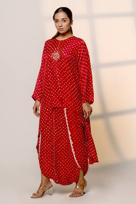 Shop_Dyelogue_Red Gingham, Silk Round Neck Bandhani Motif Kurta With Overlapped Dhoti Skirt _Online_at_Aza_Fashions
