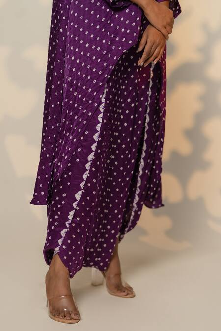 Dyelogue_Purple Silk Round Neck Bandhani Kurta With Overlapped Dhoti Skirt _Online_at_Aza_Fashions