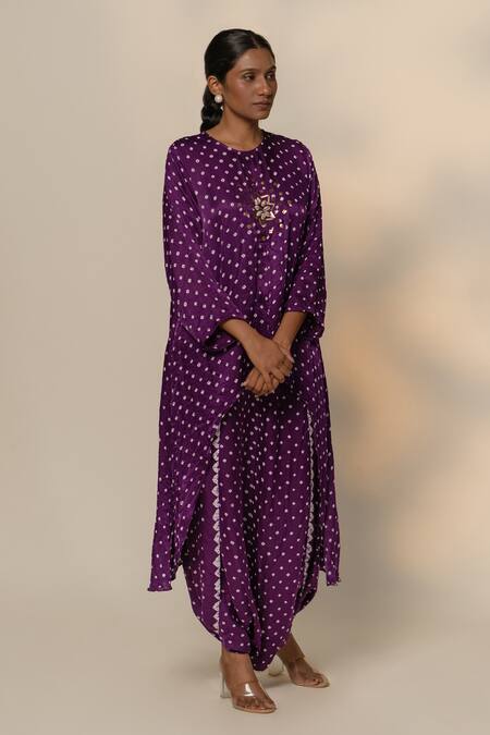 Shop_Dyelogue_Purple Silk Round Neck Bandhani Kurta With Overlapped Dhoti Skirt _Online_at_Aza_Fashions