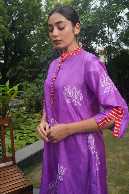 Buy Dyelogue Purple Silk Embroidery Mandarin Collar Lotus Bandhani Motif Kurta With Pant Online at Aza Fashions Buy_Dyelogue_Purple Silk Embroidery Mandarin Collar Lotus Bandhani Motif Kurta With Pant _Online_at_Aza_Fashions