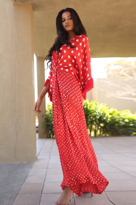 Dyelogue_Red Modal, Silk Round Neck Bandhej Pattern Knotted Front Kaftan _Online_at_Aza_Fashions