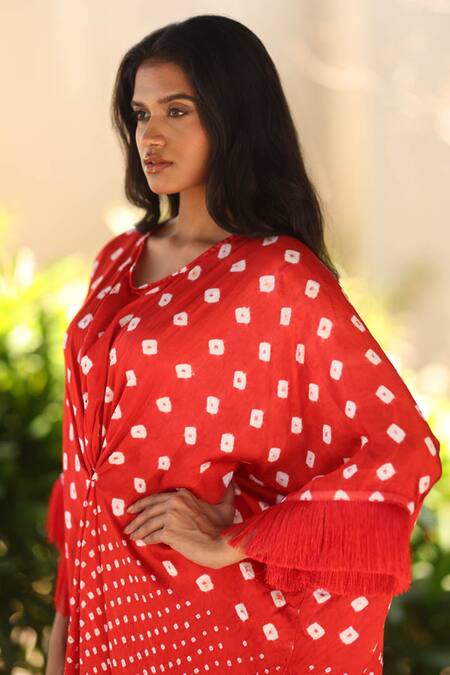 Shop_Dyelogue_Red Modal, Silk Round Neck Bandhej Pattern Knotted Front Kaftan _Online_at_Aza_Fashions