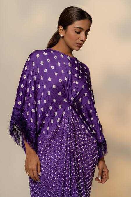 Dyelogue_Purple Modal, Silk Round Neck Bandhej Pattern Fringed Sleeves Kaftan _Online_at_Aza_Fashions