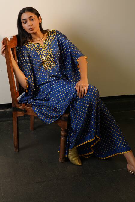 Buy_Dyelogue_Blue Silk, Gabardine Mirrors Mumtaz Embroidered Yoke Bandhani With Gharara _Online_at_Aza_Fashions