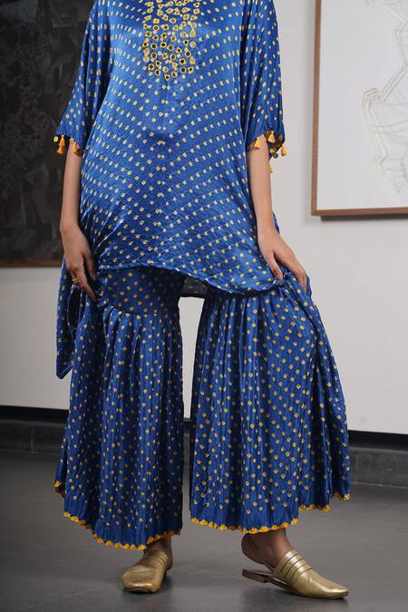 Shop_Dyelogue_Blue Silk, Gabardine Mirrors Mumtaz Embroidered Yoke Bandhani With Gharara _Online_at_Aza_Fashions