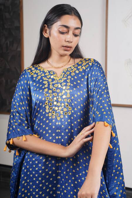 Dyelogue_Blue Silk, Gabardine Mirrors Mumtaz Embroidered Yoke Bandhani With Gharara _at_Aza_Fashions