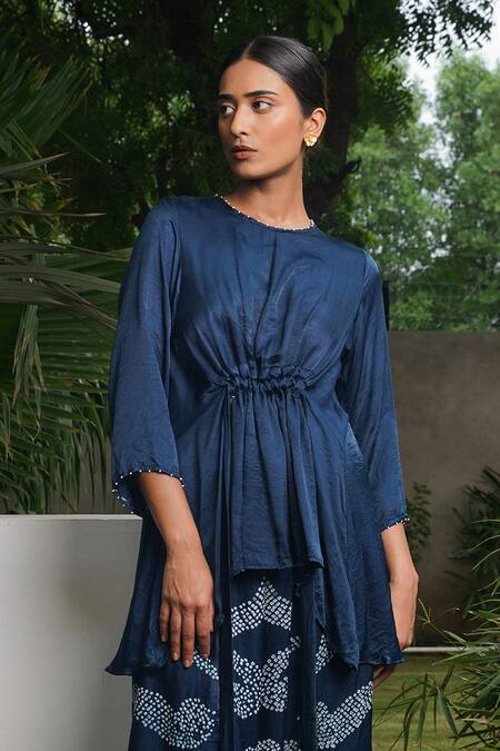 Buy_Dyelogue_Blue Silk, Gingham Beads, Origami Rye Bandhani Asymmetric Top And Skirt Set _Online_at_Aza_Fashions