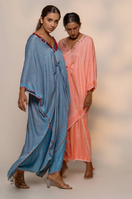 Dyelogue_Sky Blue Gingham Tassels, Metallic Sakura Printed Asymmetric Kurta And Palazzo Set _Online_at_Aza_Fashions