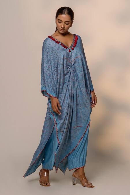 Buy_Dyelogue_Sky Blue Gingham Tassels, Metallic Sakura Printed Asymmetric Kurta And Palazzo Set _Online_at_Aza_Fashions