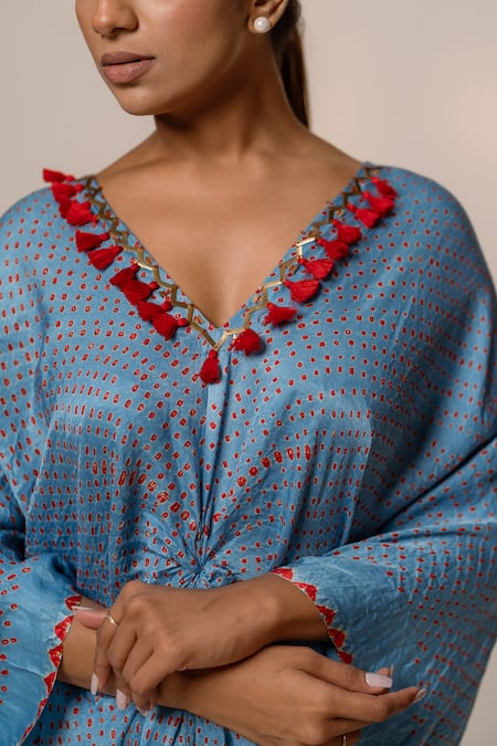 Shop_Dyelogue_Sky Blue Gingham Tassels, Metallic Sakura Printed Asymmetric Kurta And Palazzo Set _Online_at_Aza_Fashions