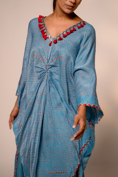 Dyelogue_Sky Blue Gingham Tassels, Metallic Sakura Printed Asymmetric Kurta And Palazzo Set _at_Aza_Fashions