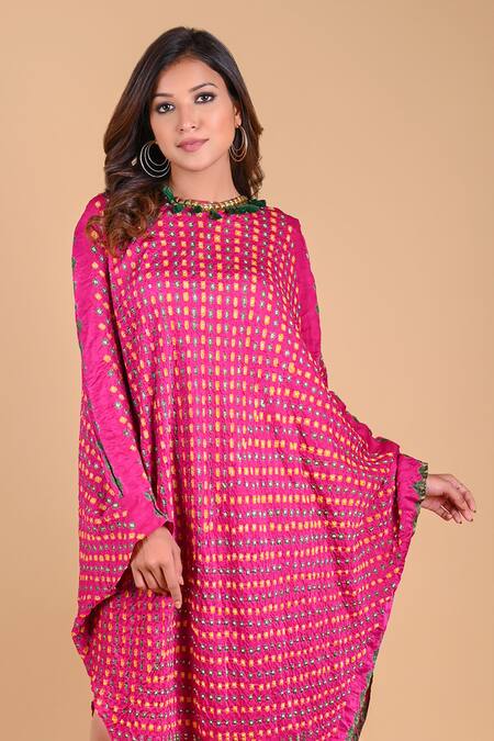 Dyelogue_Pink Silk Tassels, Beads Round Neck Fuchsia Triangle Bandhani Print Dress _Online_at_Aza_Fashions