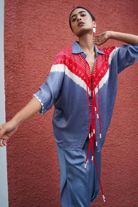 Buy_Dyelogue_Red Gingham Embroidery Collared V String Bandhani Print Shirt _Online_at_Aza_Fashions