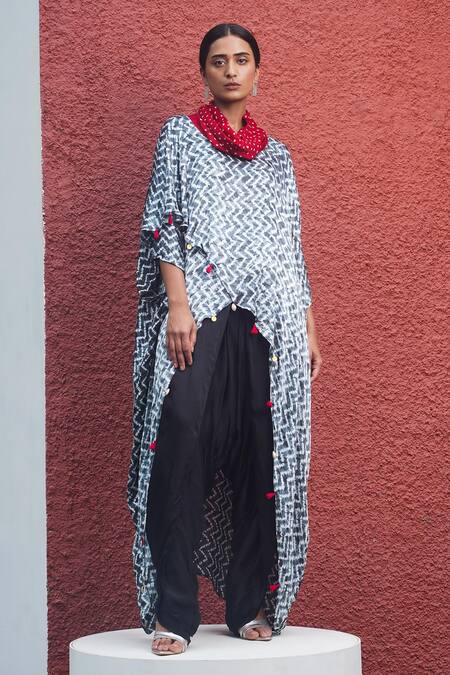 Dyelogue_Black Modal, Silk Tassels Cowl Neck Overlap Shibori Printed Kaftan Top _Online_at_Aza_Fashions