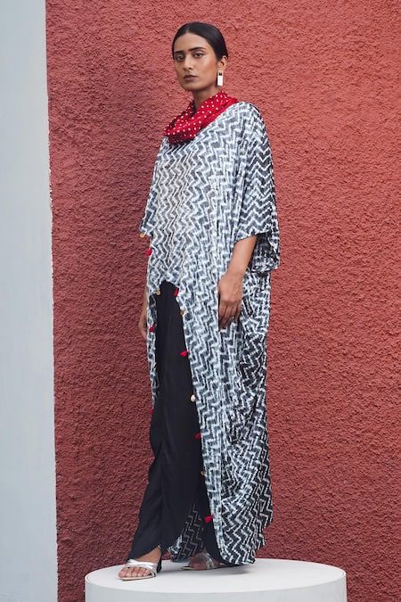 Buy_Dyelogue_Black Modal, Silk Tassels Cowl Neck Overlap Shibori Printed Kaftan Top _Online_at_Aza_Fashions